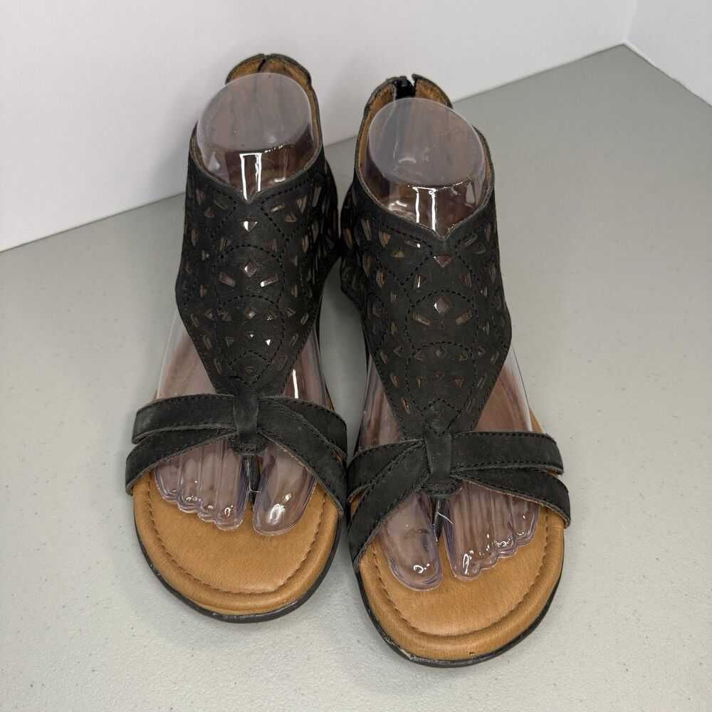 Rockport Cobb Hill Leather Cutout T-Strap Sandals Black Comfort Wedge Women, 7.5